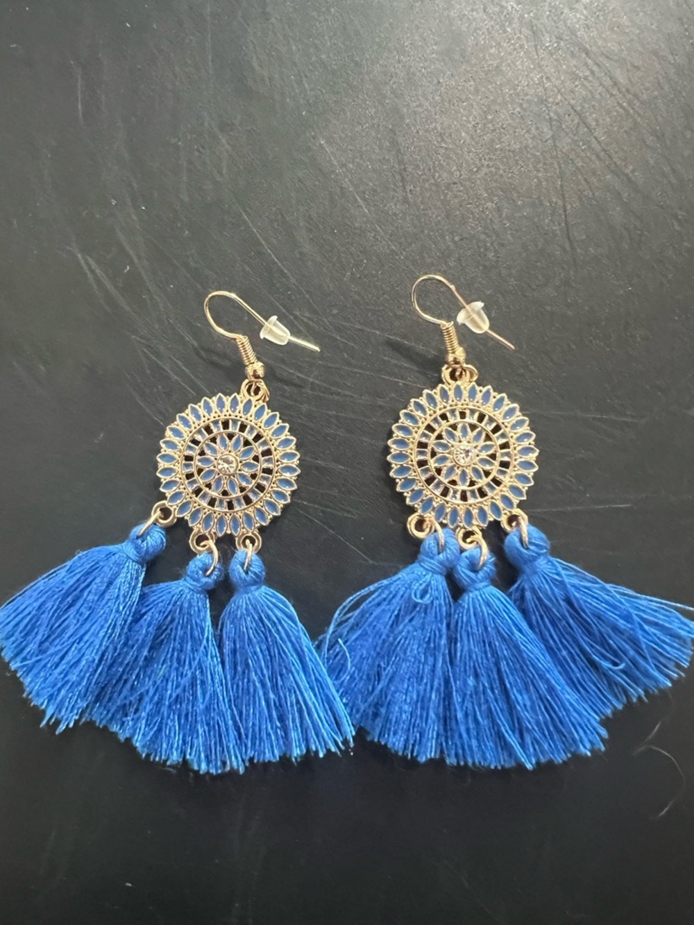 Gold Filigree Blue Tassel Drop Earrings - Women Jewelry